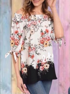Vine & Love White Black Floral Off The Shoulders Tie Sleeve Top NWOT